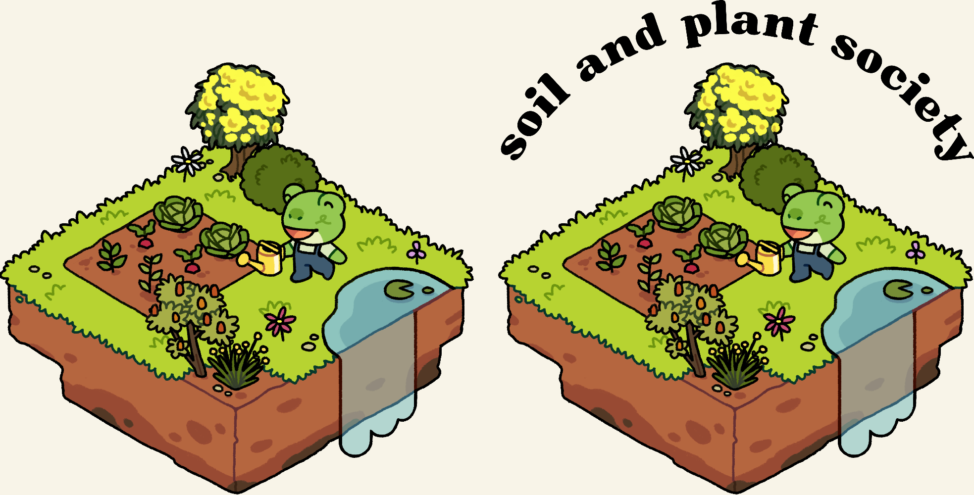 Two versions of a drawing of a frog gardening on a floating island, one with the text 'Soil and Plant Society' on top